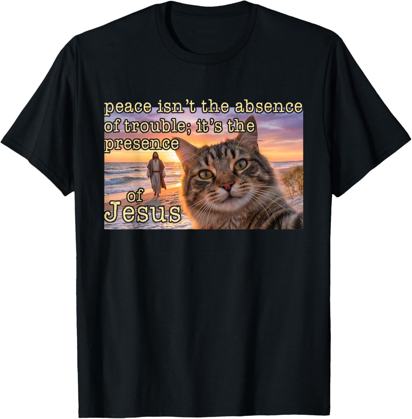 Christian Cat Selfie Peace Presence of Jesus Funny Faith T-Shirt - T-Shirt | Black