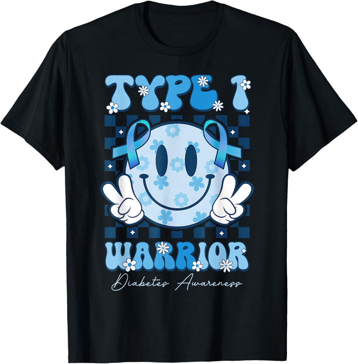 T1D Warrior Type 1 Diabetes Awareness Blue Ribbon Cute Face T-Shirt - T-Shirt | Black