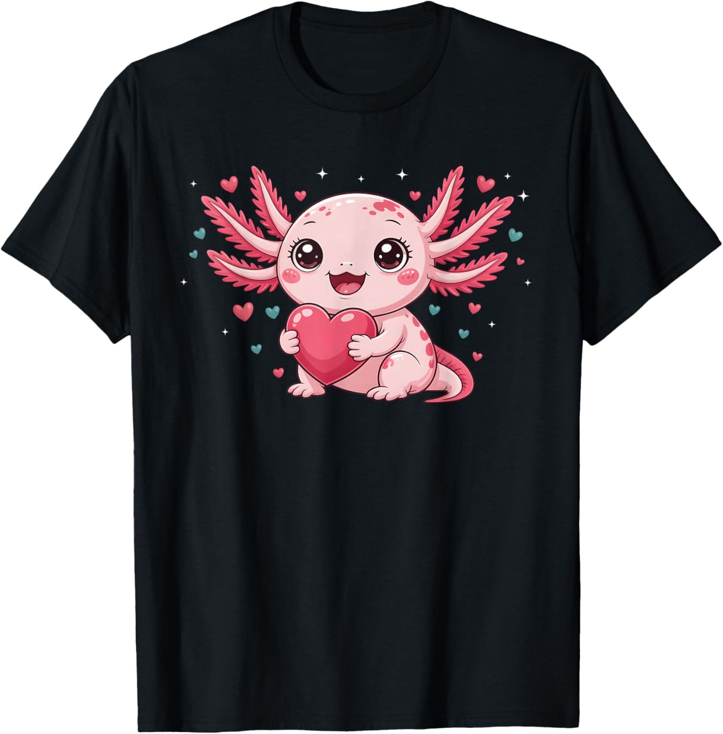 Valentine Cute Pink Axolotl Lovers Heart Girl Women Kid T-Shirt - T-Shirt | Black