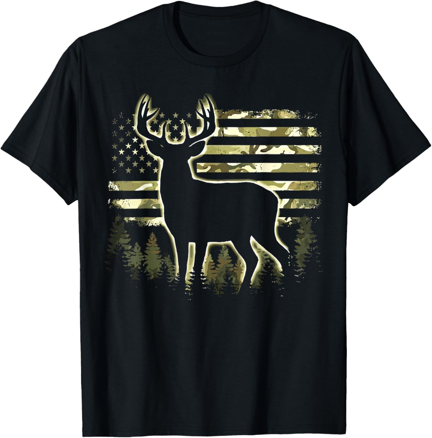 Deer US Flag Camo Hunting T-Shirt - T-Shirt | Black
