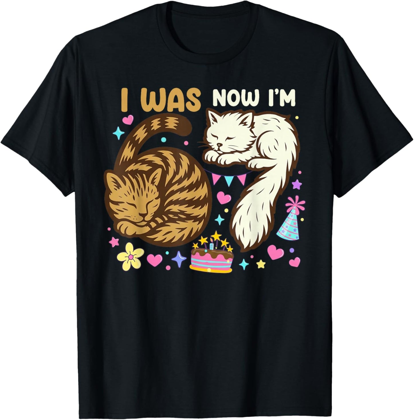 I was 6 Now I'm 7 Birthday 7 Years Old Birthday Funny Cats T-Shirt - T-Shirt | Black