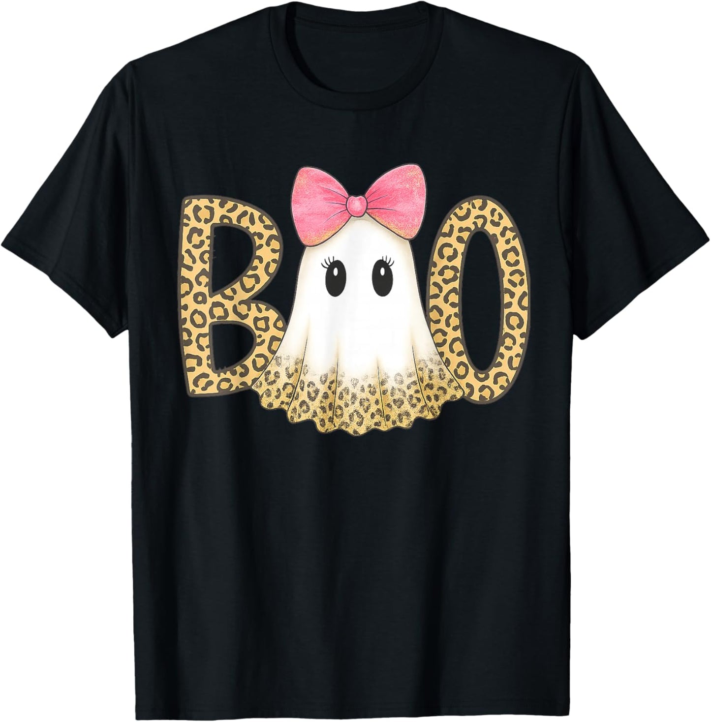 Cute Leopard Print Boo Ghost with Pink Bow Halloween T-Shirt - T-Shirt | Black