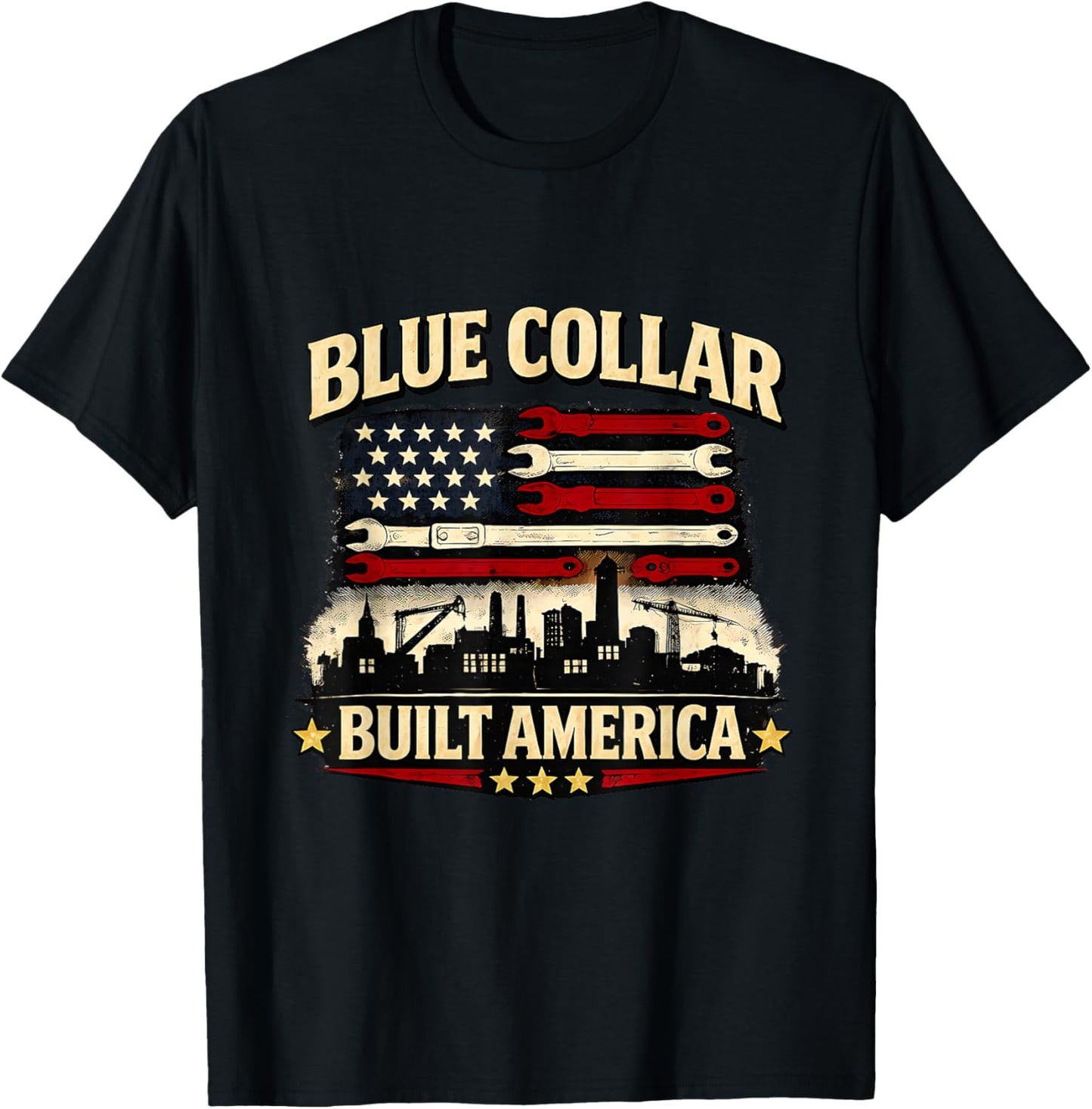 Blue Collar Built America Vintage Tools and Flag Art T-Shirt - T-Shirt | Black