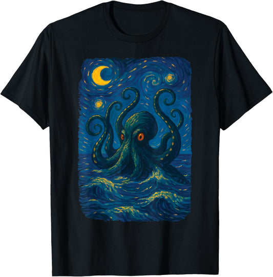 Starry Night Kraken Ocean Art Van Gogh Octopus Sea Monster T-Shirt - T-Shirt | Black