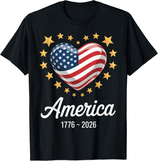 Flag Heart 1776 2026 July 4th 250th Birthday T-Shirt - T-Shirt | Black