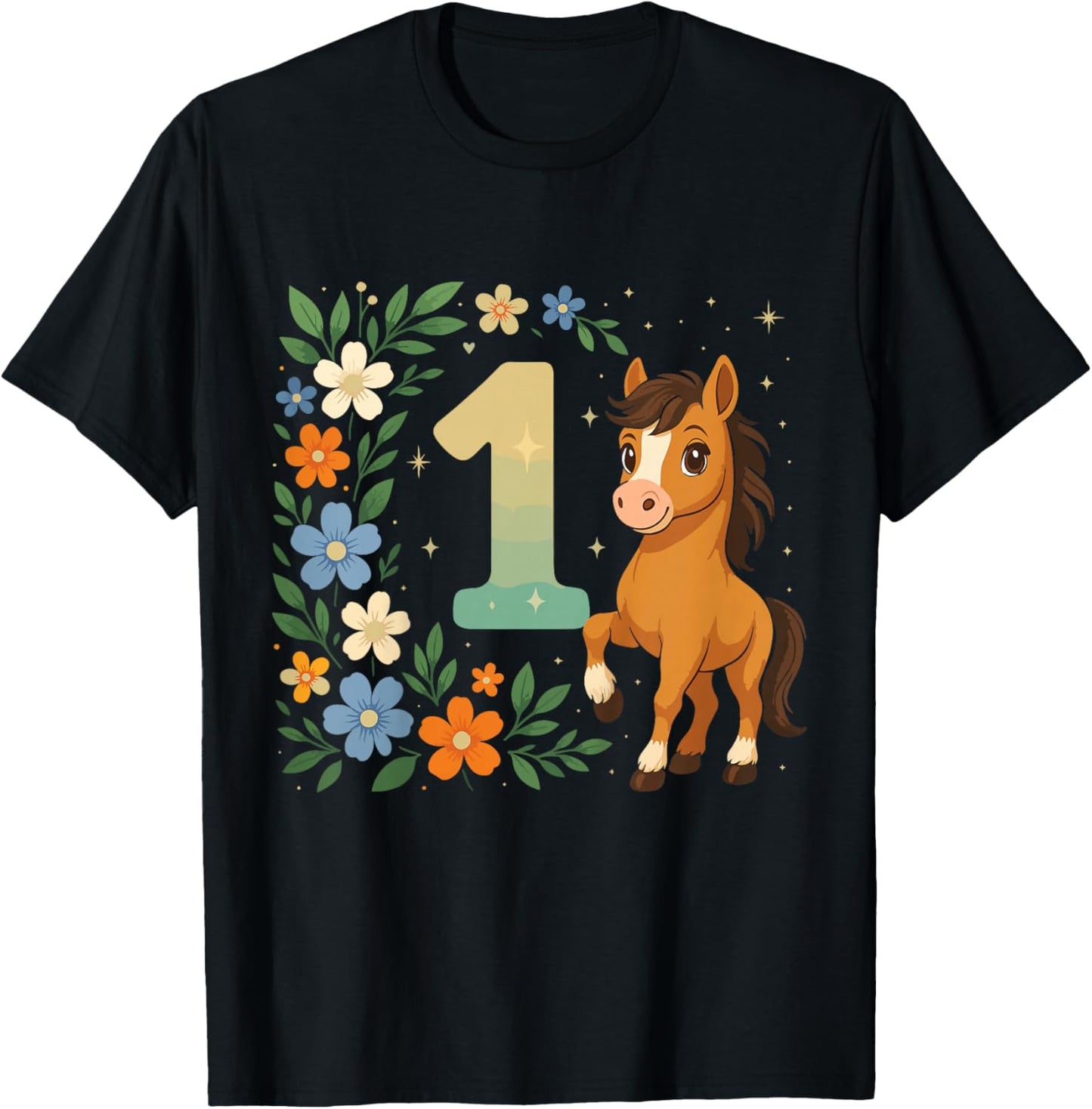1st Birthday Girl Pony Horse Flowers 1 Year Old T-Shirt - T-Shirt | Black