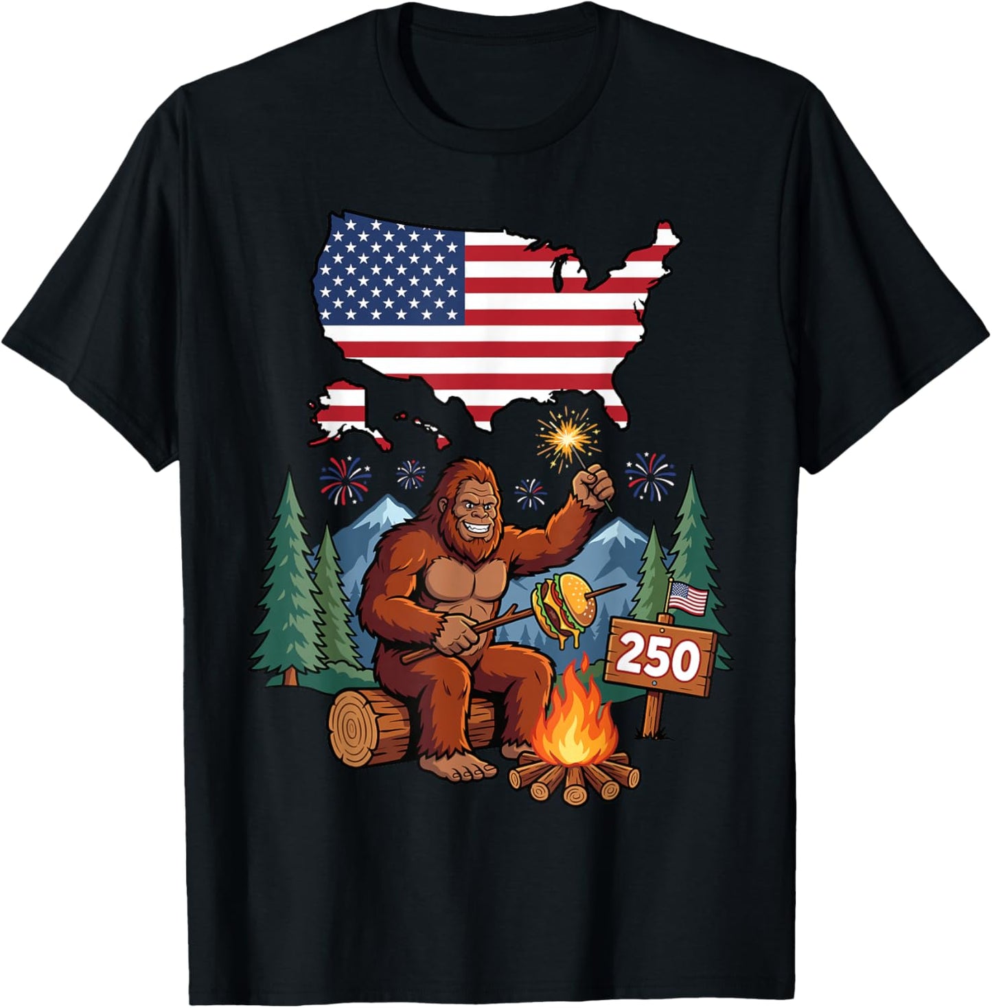Bigfoot Campfire USA 1776 2026 Patriotic Sasquatch T-Shirt - T-Shirt | Black