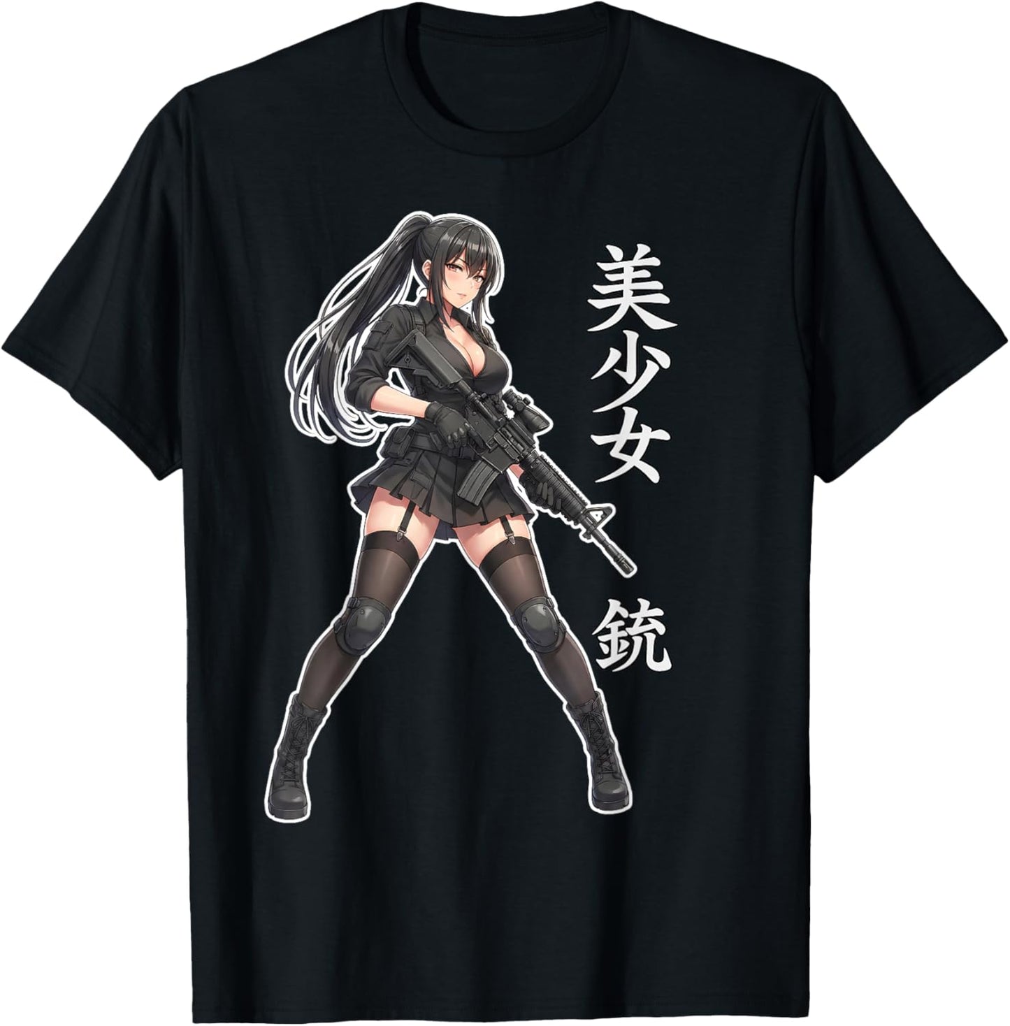Cute Anime Waifu Girl with Gun Graphic T-Shirt - T-Shirt | Black