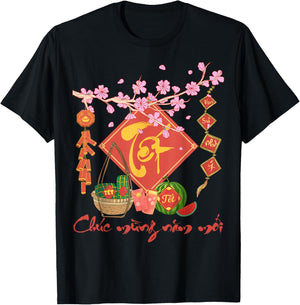 Peach Blossom Vietnamese Lunar New Year Horse 2026 Happy TET T-Shirt - T-Shirt | Black
