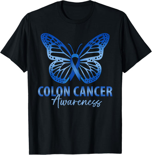 Colorectal Colon Cancer Awareness Blue Ribbon Butterfly T-Shirt - T-Shirt | Black