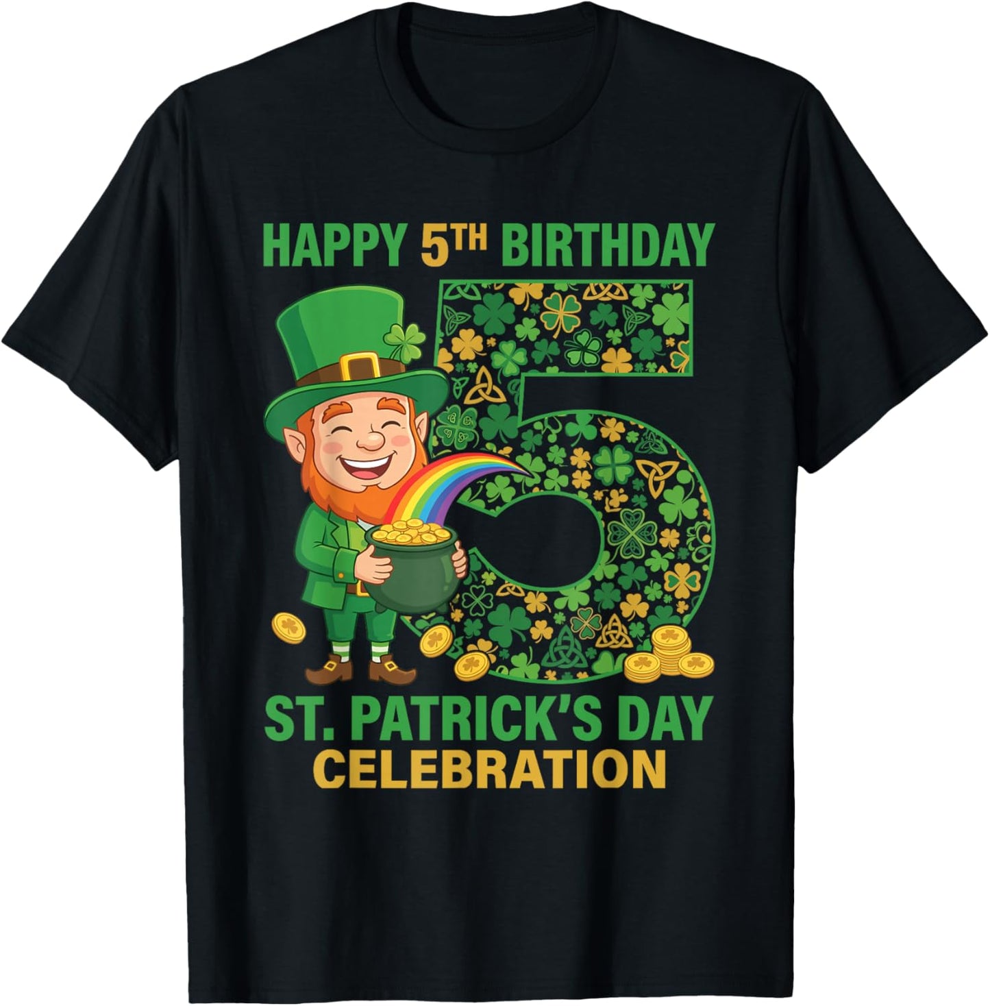 5th Birthday St Patricks Day Shirt Lucky 5 Year Old Boy Girl T-Shirt - T-Shirt | Black