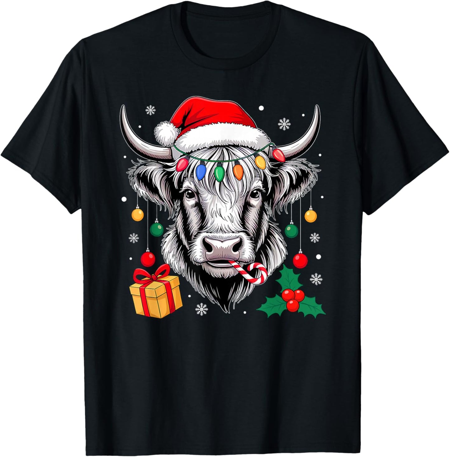 Cow Christmas Lights Santa Hat Family Matching Xmas Pajamas T-Shirt - T-Shirt | Black