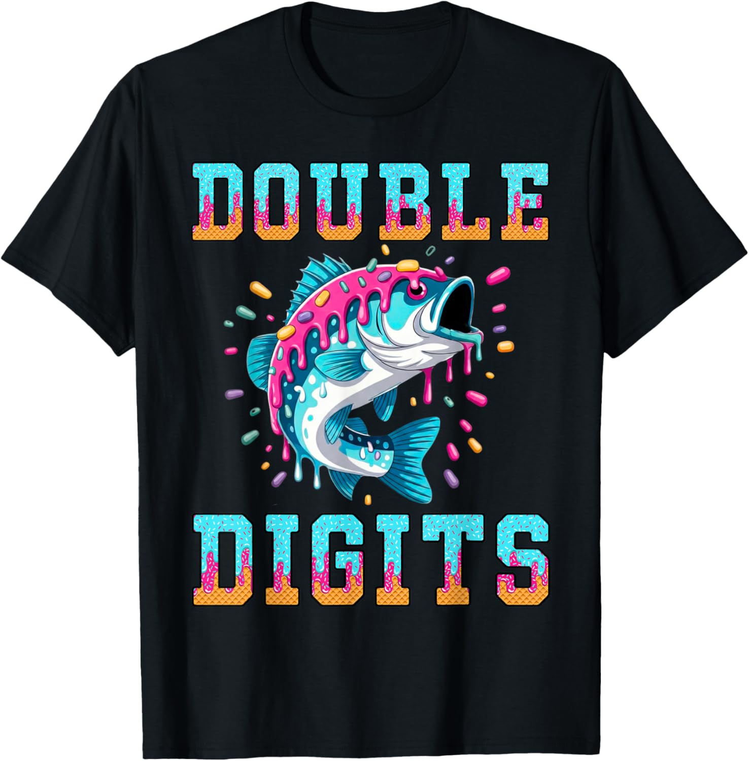 Fishing 10th Birthday Shirt Double Digits Ice Cream Drip T-Shirt - T-Shirt | Black