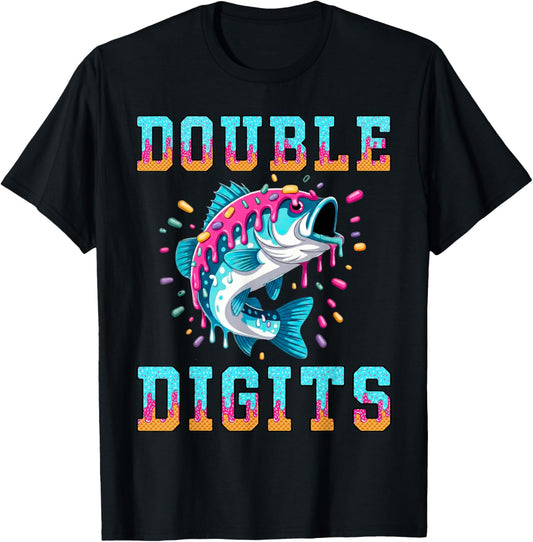Fishing 10th Birthday Shirt Double Digits Ice Cream Drip T-Shirt - T-Shirt | Black