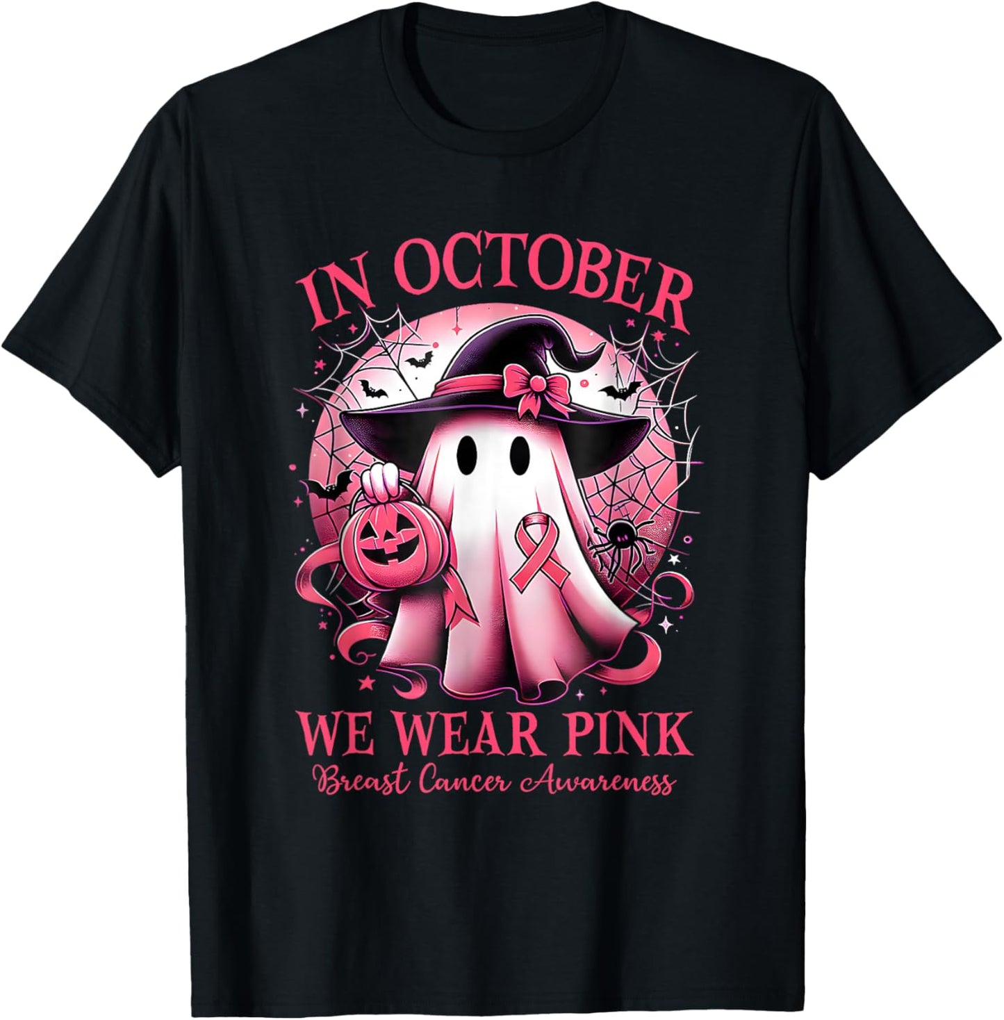 in October We Wear Pink Witch Ghost Breast Cancer T-Shirt - T-Shirt | Black