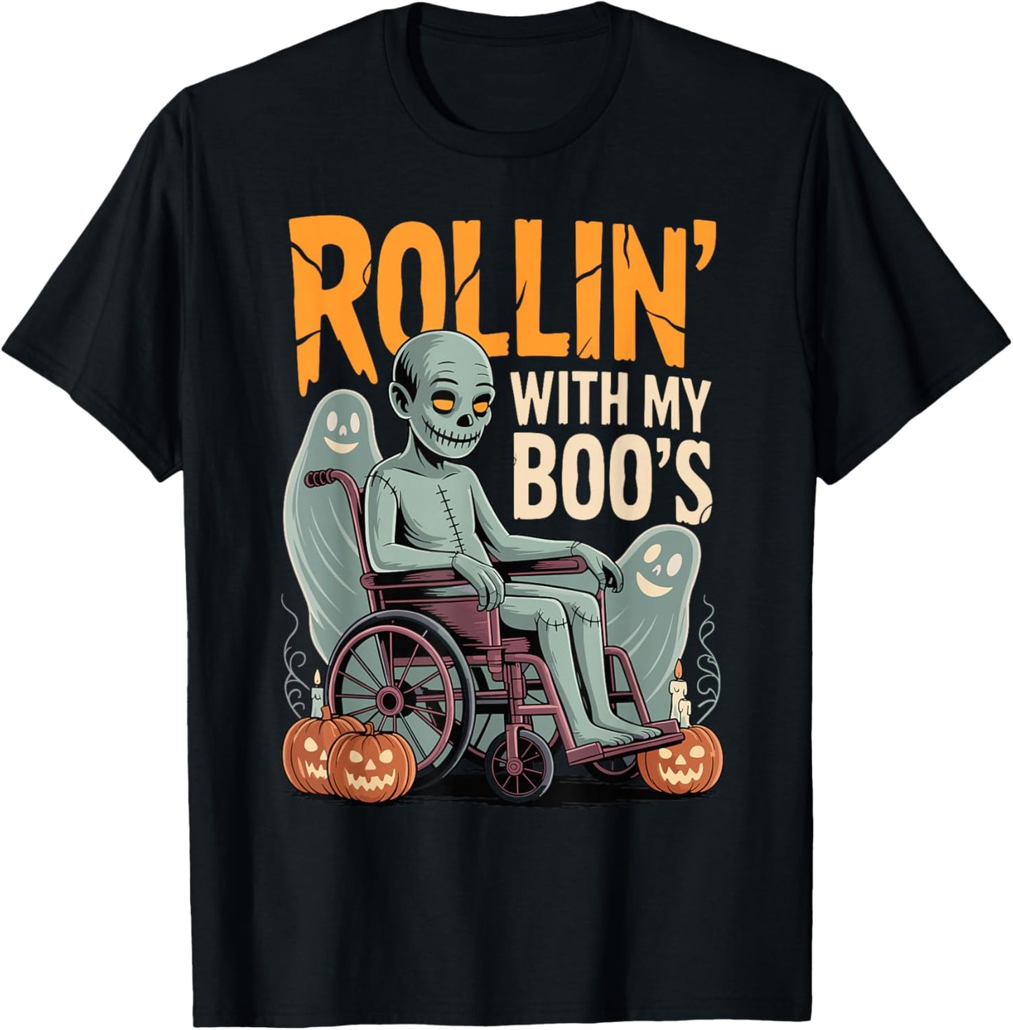 Halloween Wheelchair Costume Handicap Joke Rollin with Boo's T-Shirt - T-Shirt | Black