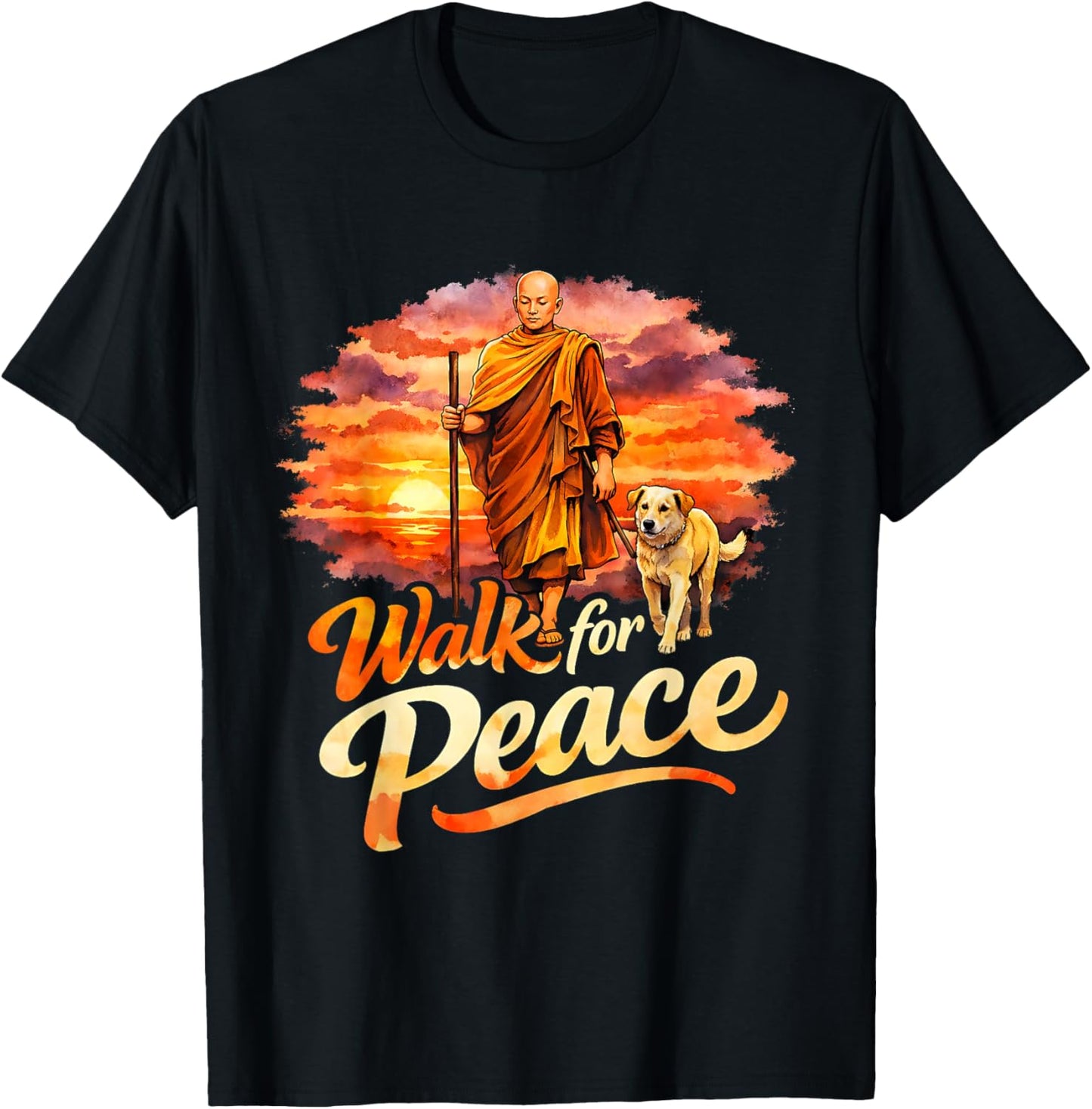 Walk for Peace Mindful Monk Spiritual Art T-Shirt - T-Shirt | Black
