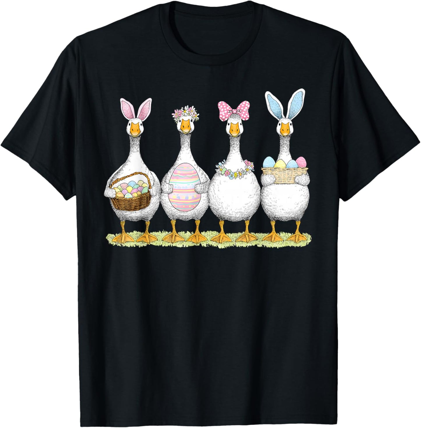 Happy Easter Cute Goose Bunny Ears Eggs Basket Girl Women T-Shirt - T-Shirt | Black