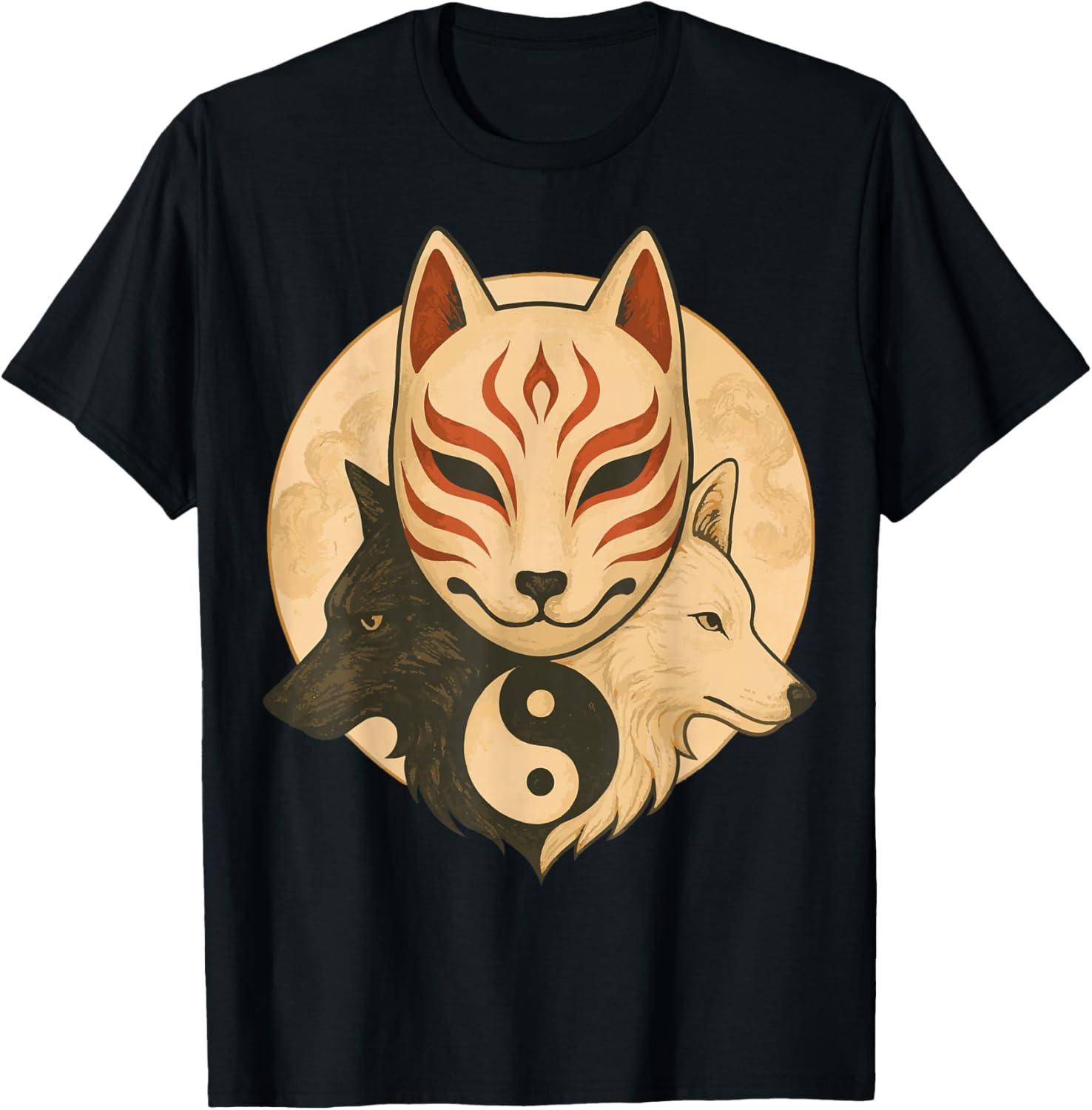 Kitsune Mask Yin Yang Wolves Balance Spirit Art T-Shirt - T-Shirt | Black