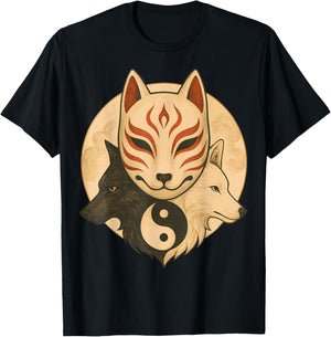 Kitsune Mask Yin Yang Wolves Balance Spirit Art T-Shirt - T-Shirt | Black