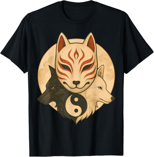 Kitsune Mask Yin Yang Wolves Balance Spirit Art T-Shirt - T-Shirt | Black