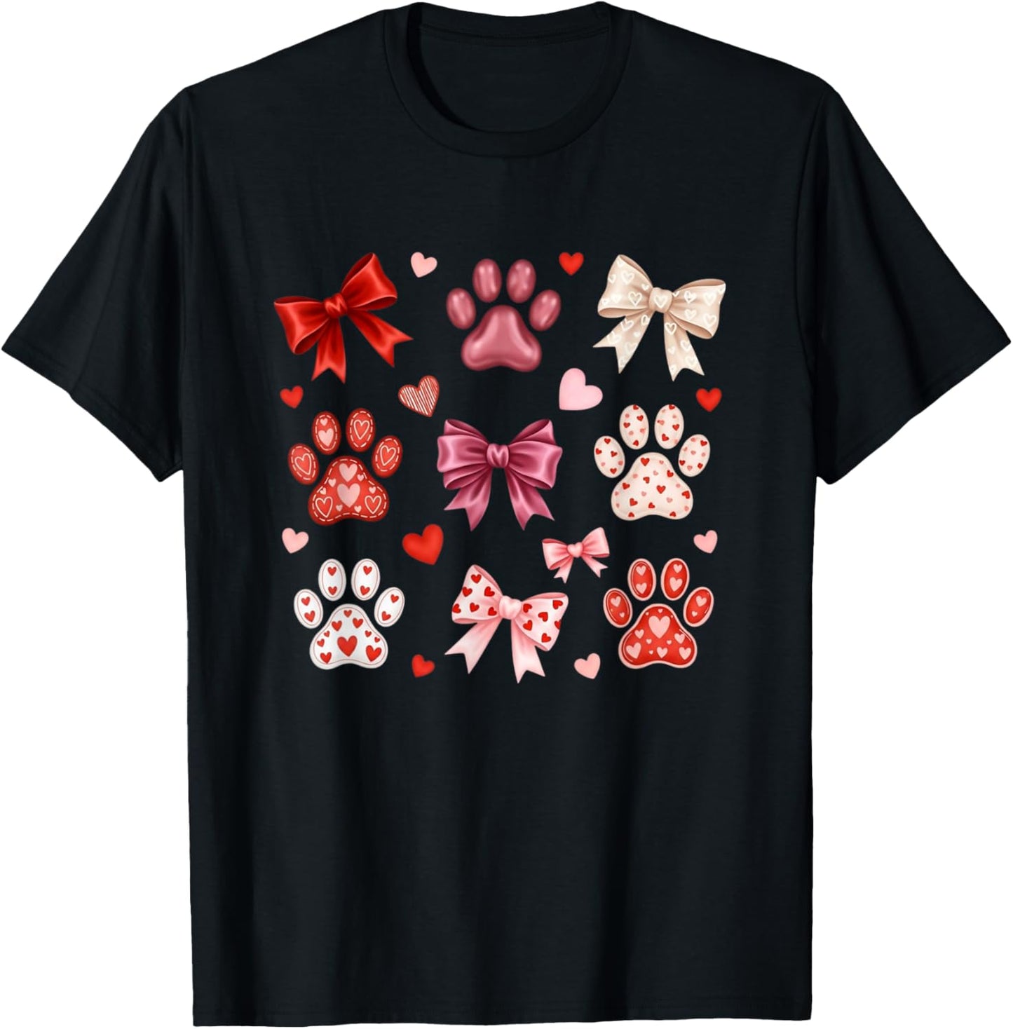 Cute Dog & Cat Paw Valentines Coquette Bow Women Girls T-Shirt - T-Shirt | Black