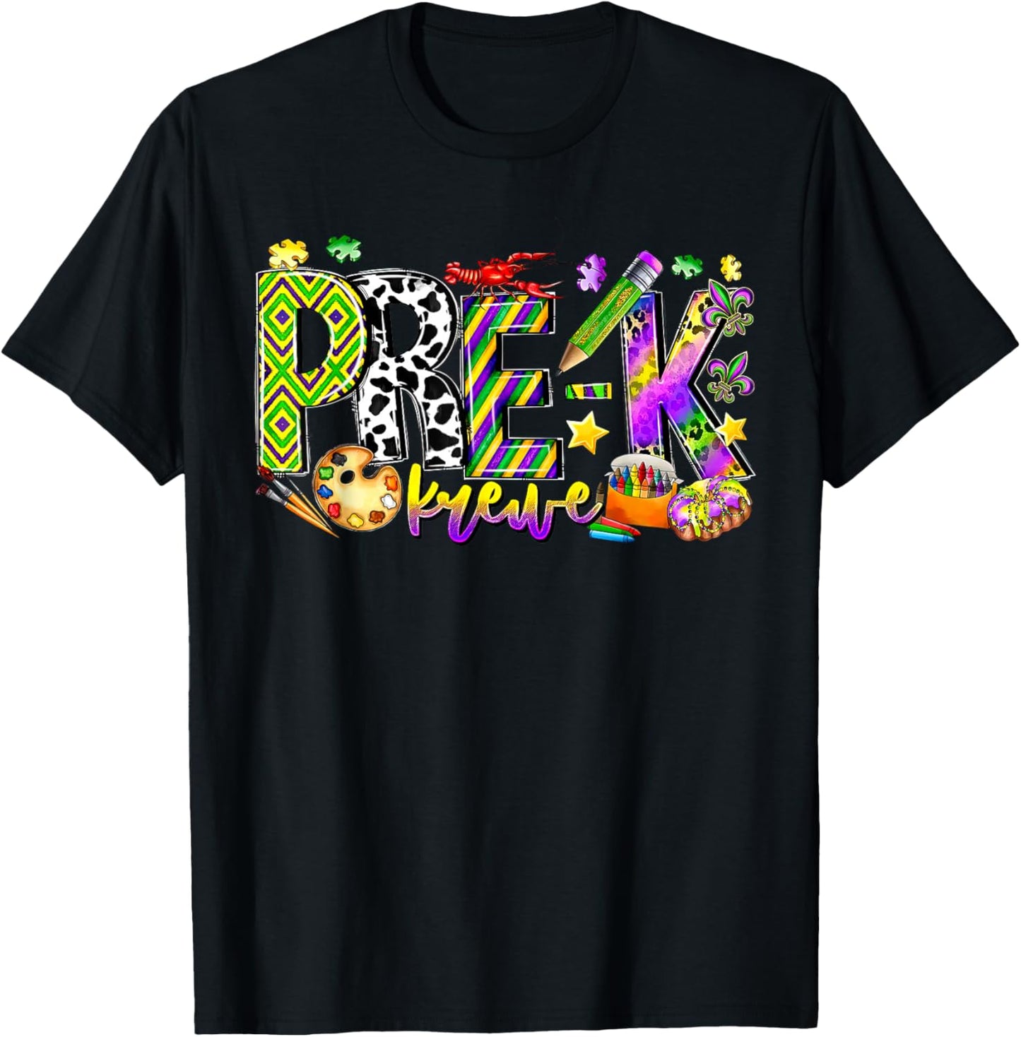 Retro Pre-k Krewe Mardi Gras Carnival Preschool Teacher Team T-Shirt - T-Shirt | Black