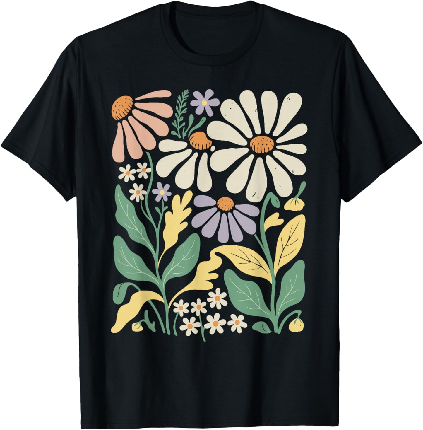 Retro Wildflowers Flowers Pattern Summer Spring Boho Vintage T-Shirt - T-Shirt | Black