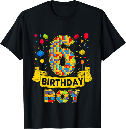 6th Birthday Boy Bricks Six Bday 6 Year Old Birthday Boy T-Shirt - T-Shirt | Black