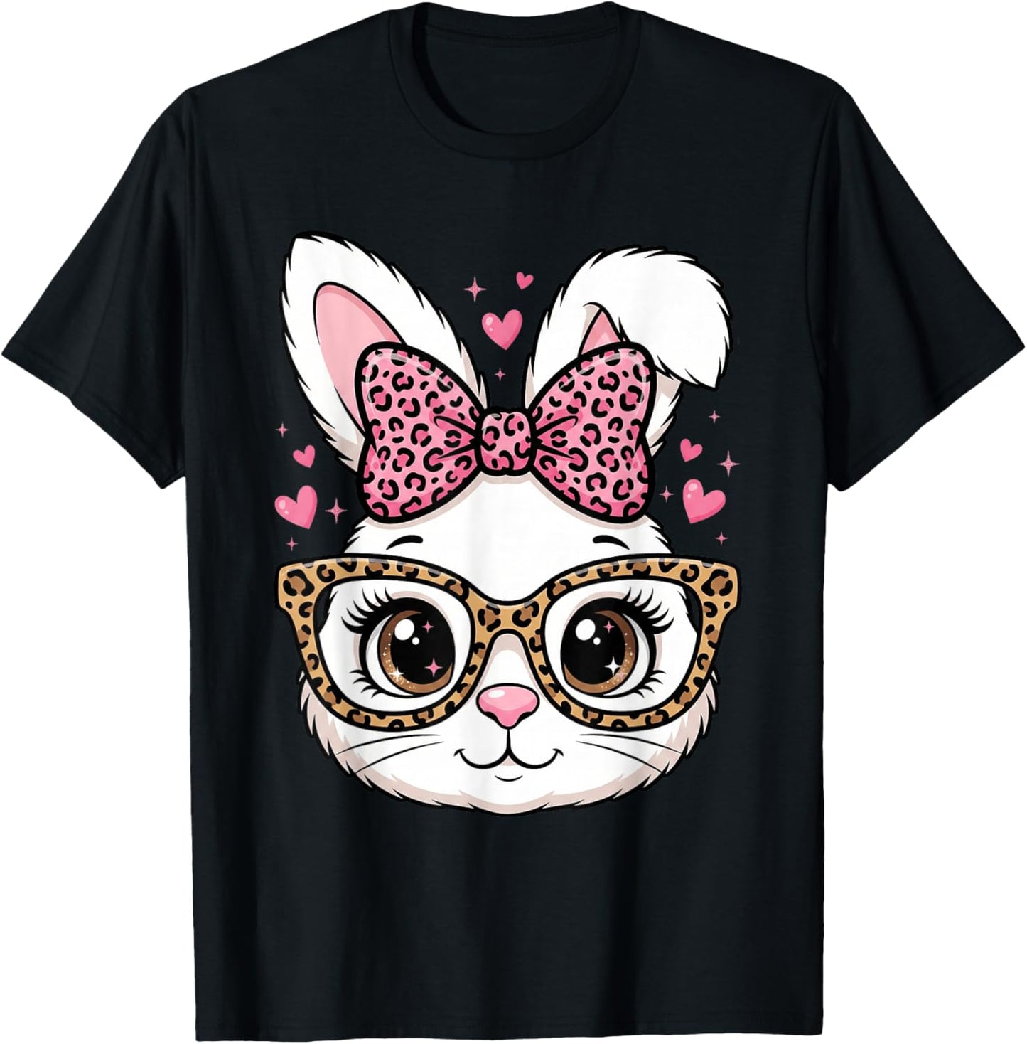Cute Easter Rabbit Face Leopard Bow Sunglasses Bunny Girls T-Shirt - T-Shirt | Black