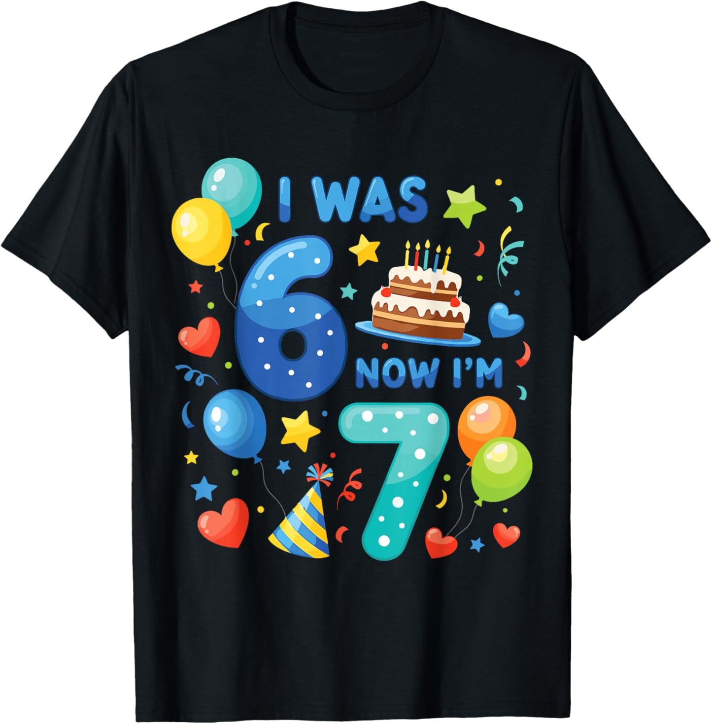 7th Birthday Boys I was 6 Now I’m 7 Birthday Party Kids T-Shirt - T-Shirt | Black