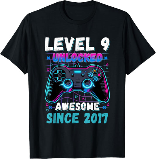 Level 9 Unlocked Awesome Since 2017 Nine 9th Birthday Boys T-Shirt - T-Shirt | Black