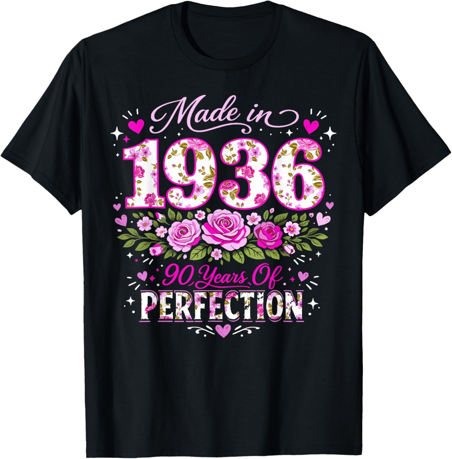 90 Year Old Made 1936 Floral 90th Birthday Women T-Shirt - T-Shirt | Black