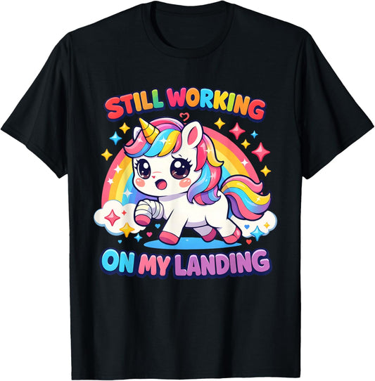 Still Working On My Landing Injury Broken Arm Cute Unicorn T-Shirt - T-Shirt | Black