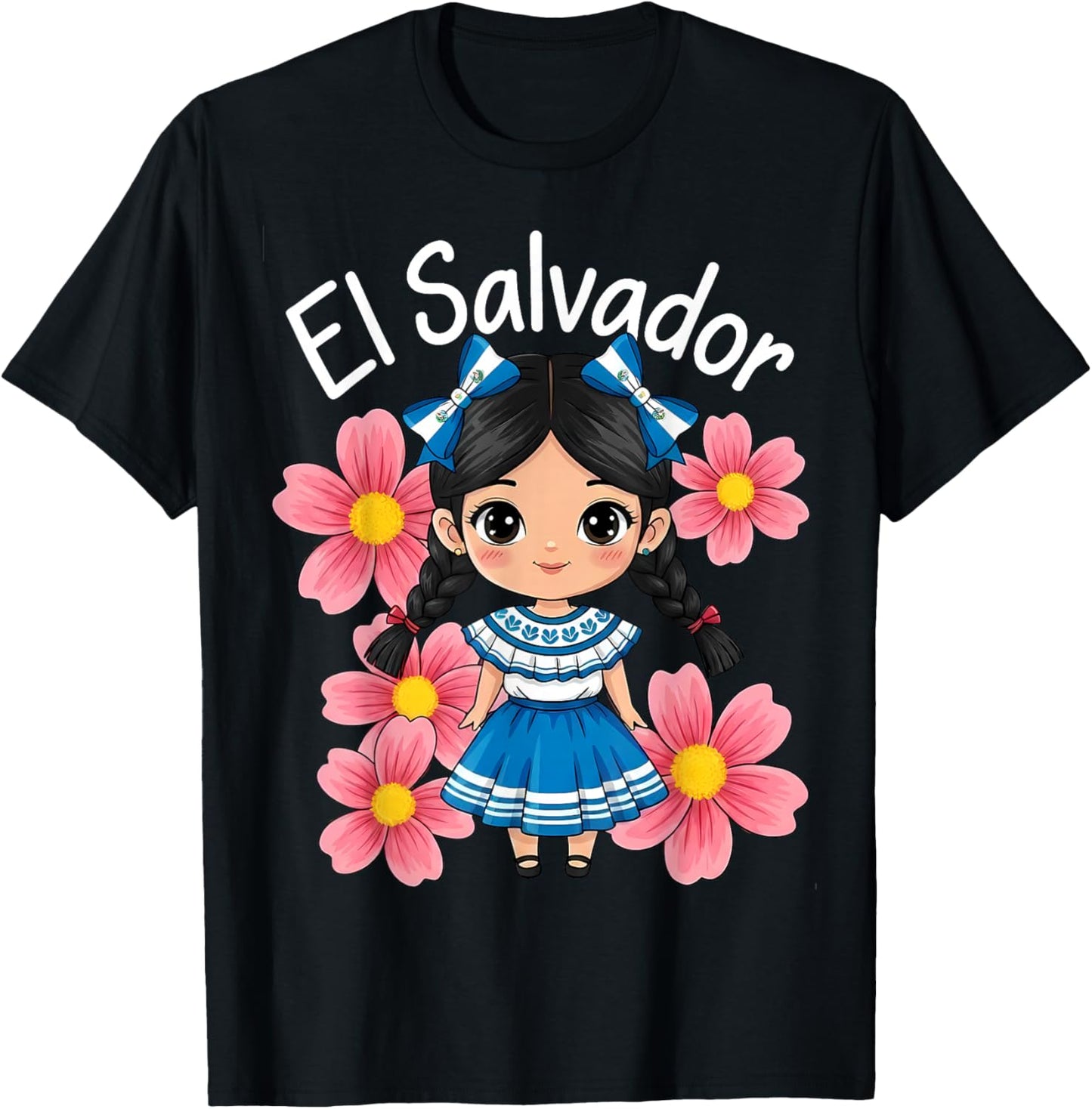 Salvadoran Flag Hispanic Heritage Cute El Salvador Girl Kids T-Shirt - T-Shirt | Black