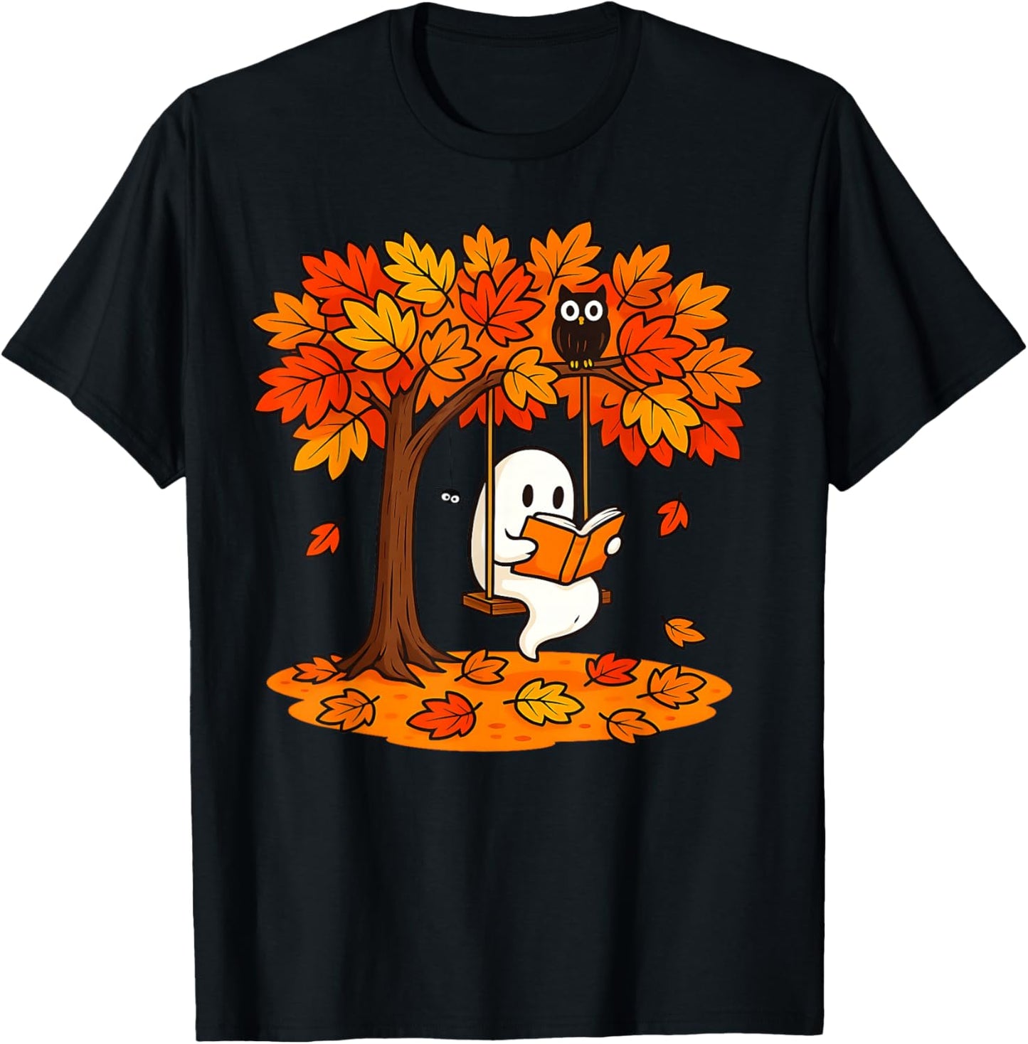 Cute Ghost Reading Book Swinging Autumn & Halloween Readers T-Shirt - T-Shirt | Black