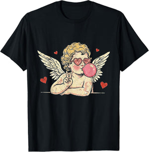 Retro Vintage Valentine Day Peace Sign Cupid Blowing Bubble T-Shirt - T-Shirt | Black