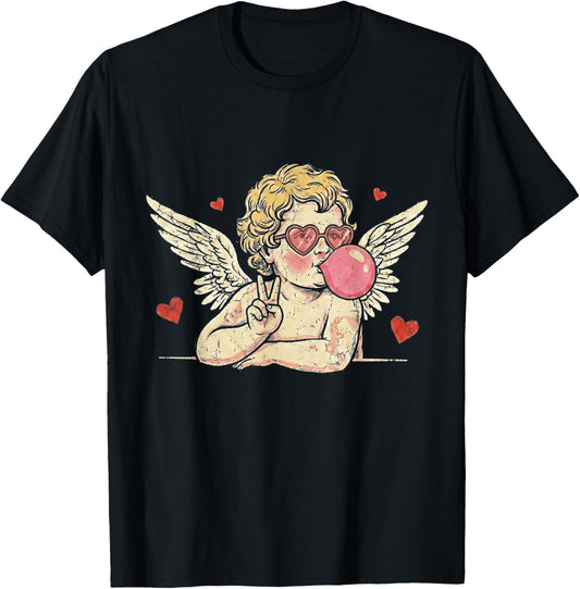 Retro Vintage Valentine Day Peace Sign Cupid Blowing Bubble T-Shirt - T-Shirt | Black