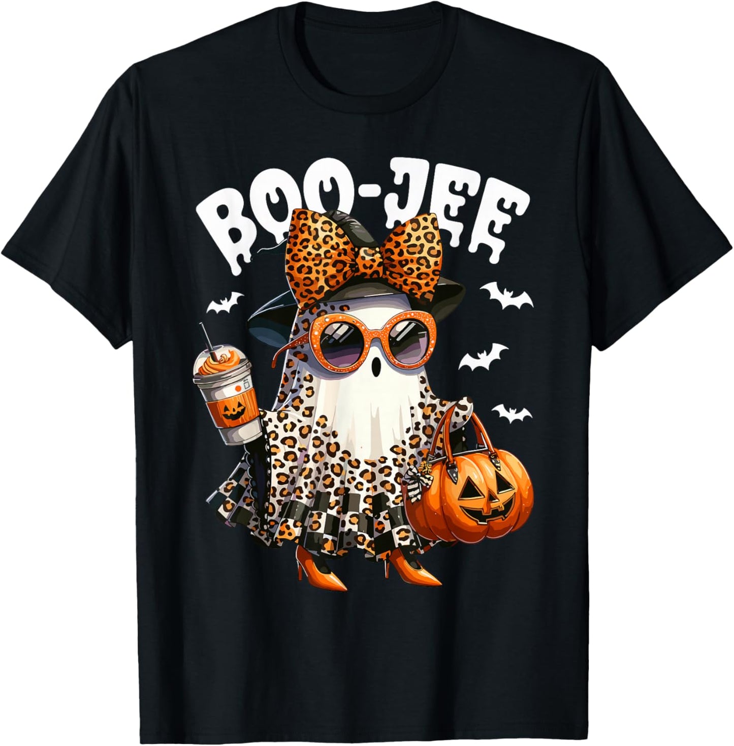 Boo JEE Ghost Boojee Leopard Bow Spooky Vibes Halloween T-Shirt - T-Shirt | Black