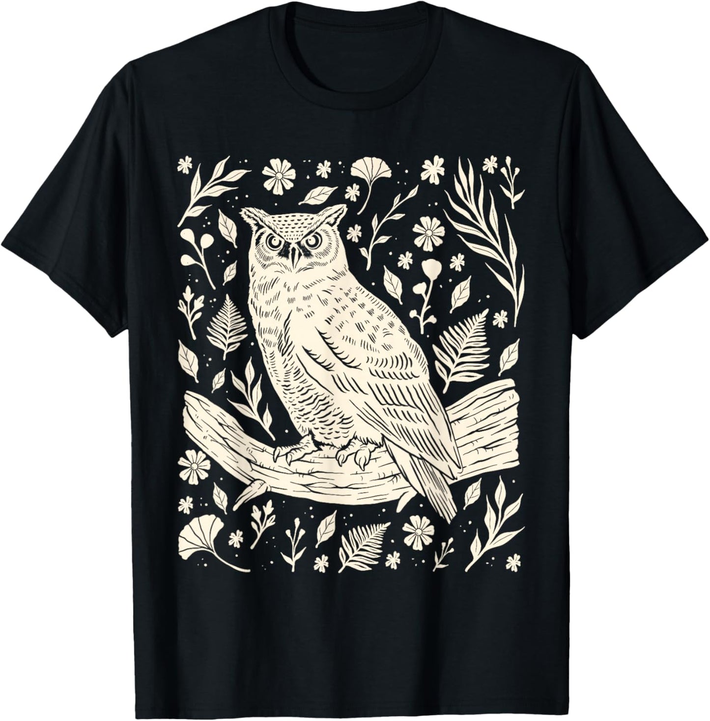 Wild Owl Linocut Bird Nature Lino Print Folk Art Forest T-Shirt - T-Shirt | Black