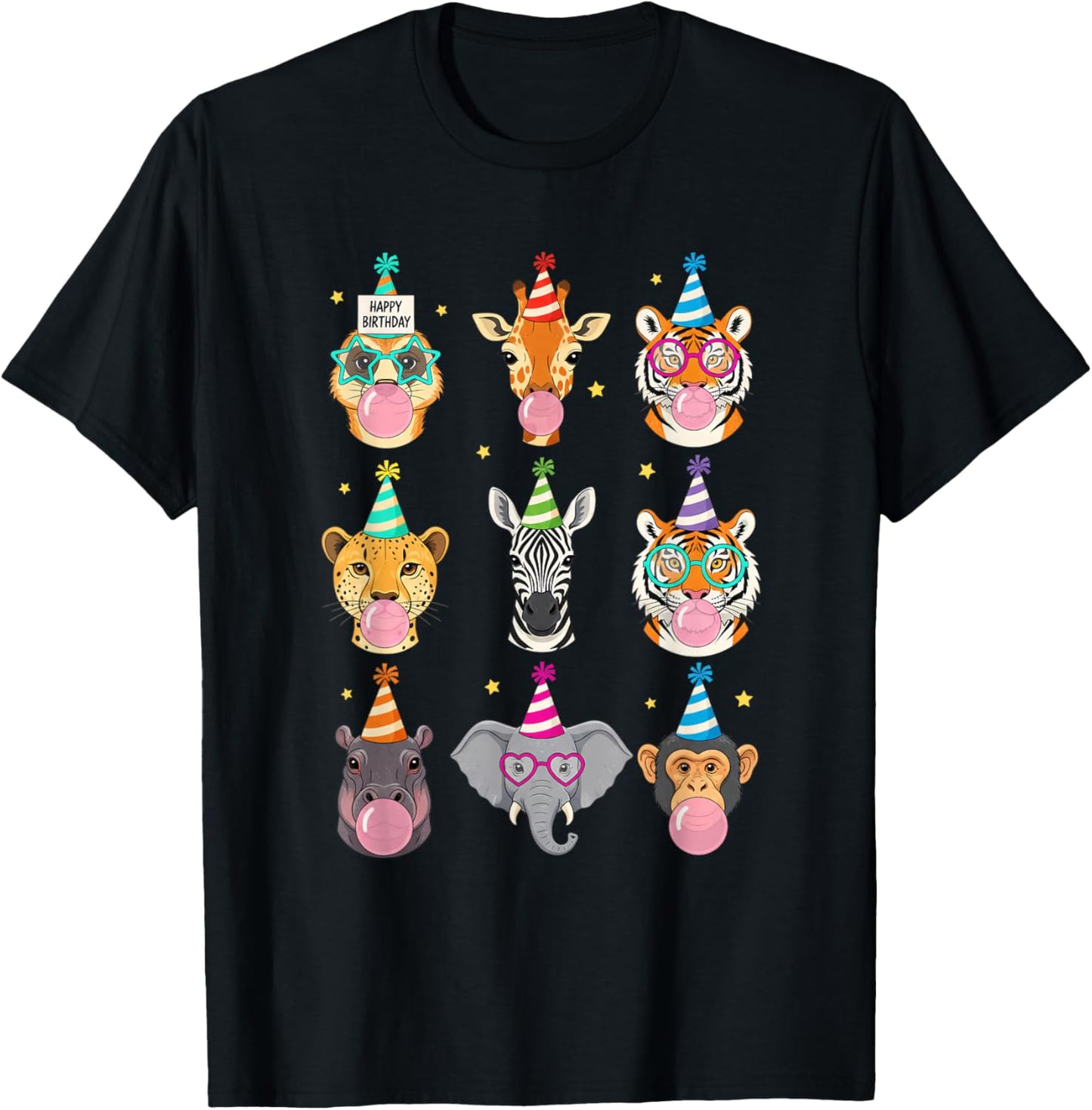 Happy Birthday Jungle Animals Bubble Gum Party for Kids T-Shirt - T-Shirt | Black