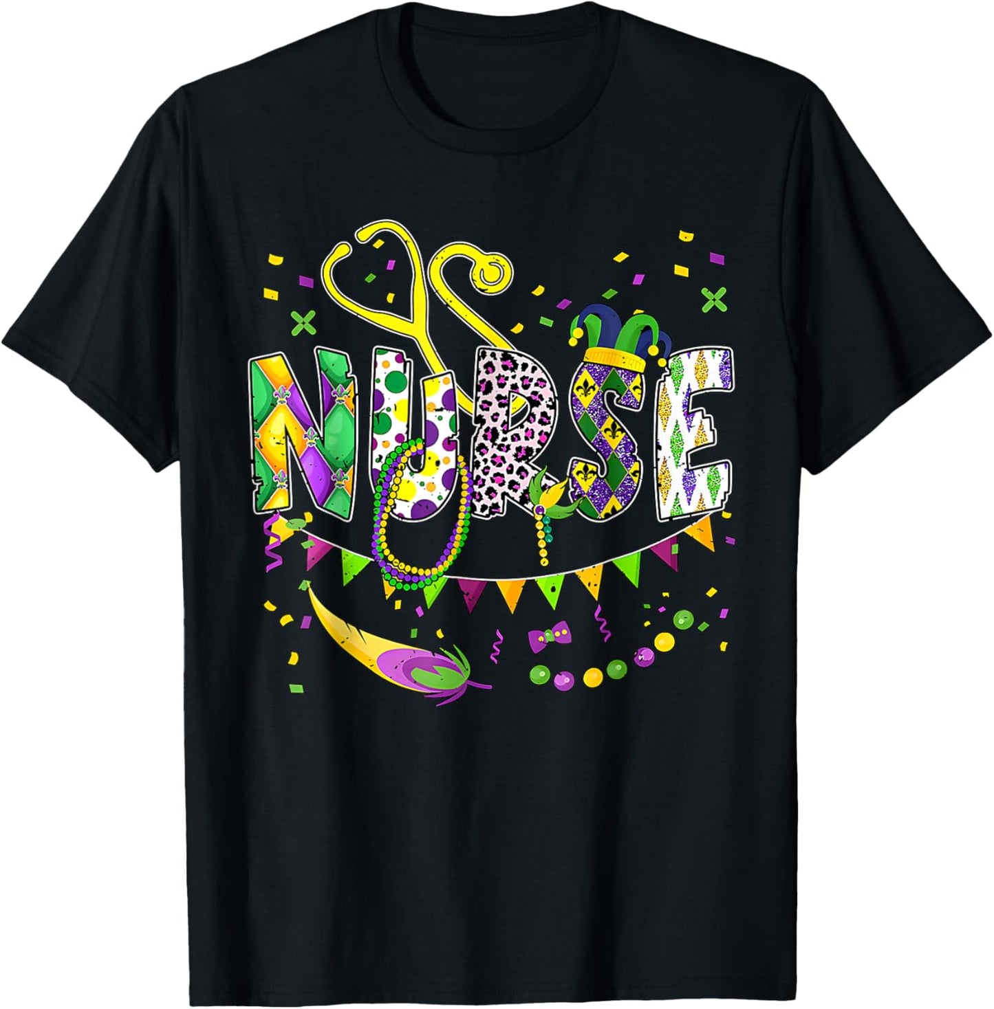 Nurse Mardi Gras Stethoscope Beads Leopard Festival Party T-Shirt - T-Shirt | Black