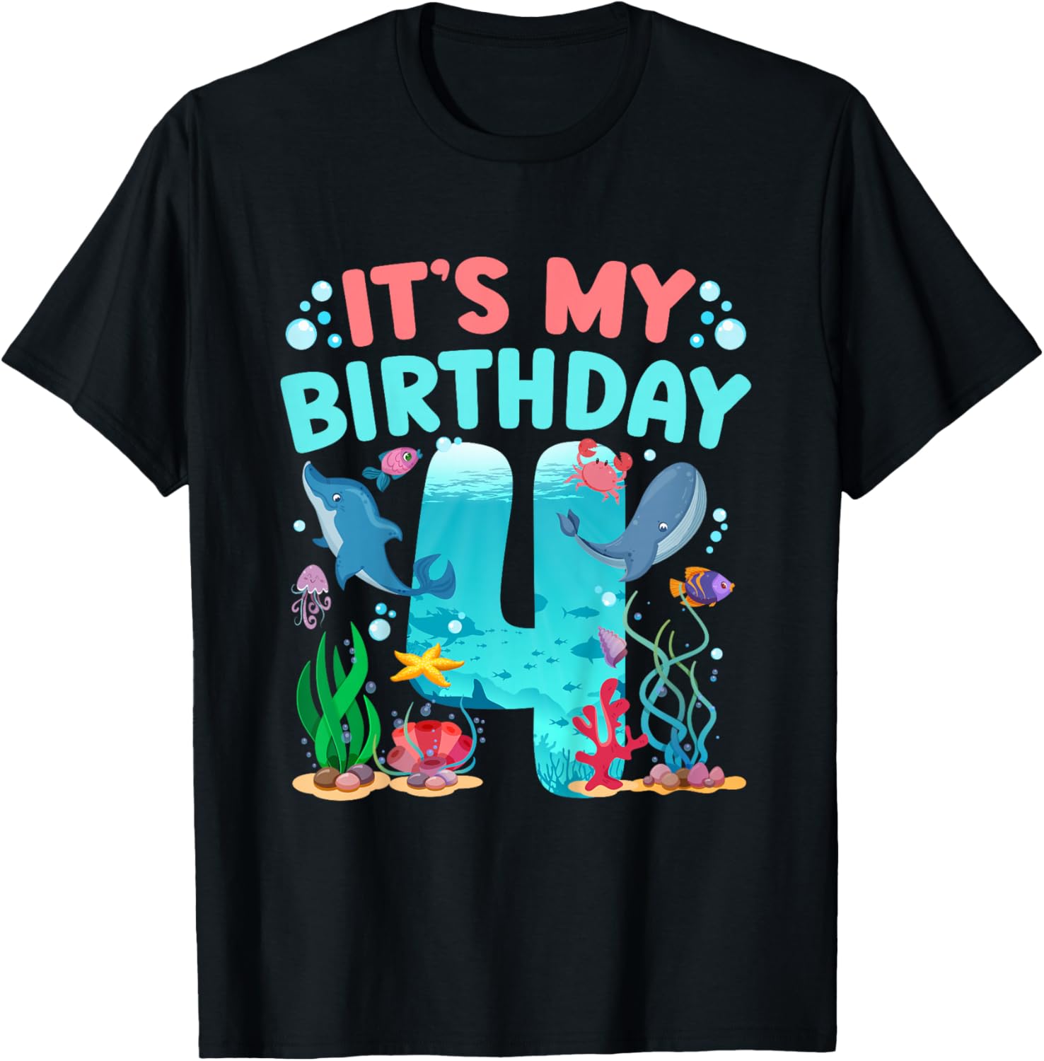 4th Ocean Birthday Party 4 Year Old Sea Animals T-Shirt - T-Shirt | Black