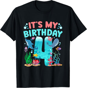 4th Ocean Birthday Party 4 Year Old Sea Animals T-Shirt - T-Shirt | Black