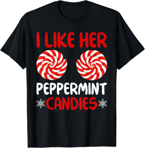 I Like Her Peppermint Candies Matching Christmas Couples T-Shirt - T-Shirt | Black