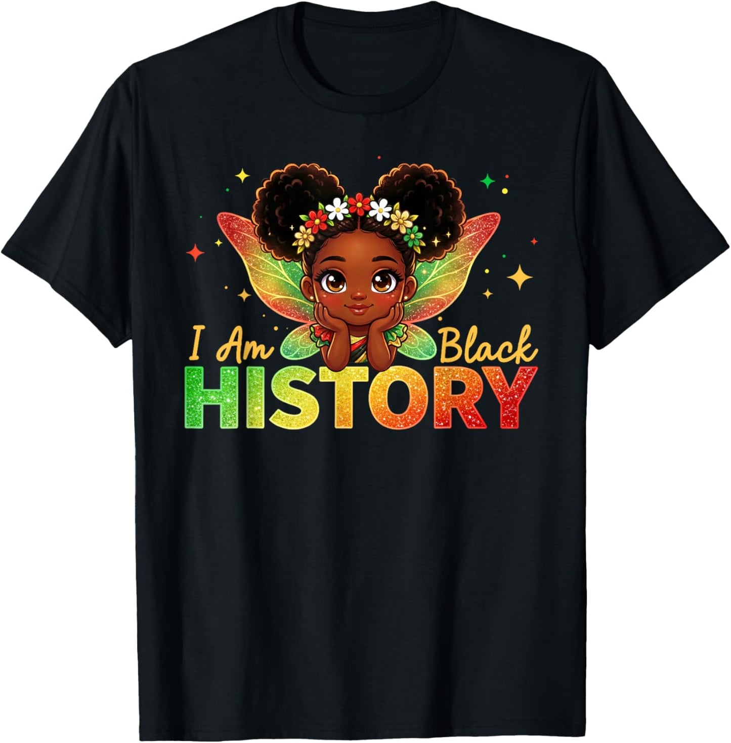 I Am Black History Month Cute Messy Bun Black Girl Fairy Kid T-Shirt - T-Shirt | Black