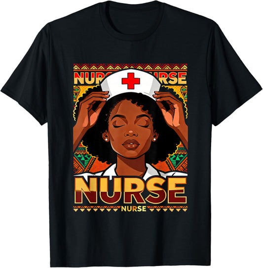 Afro Black Nurse Pride African Pattern RN LPN CNA T-Shirt - T-Shirt | Black