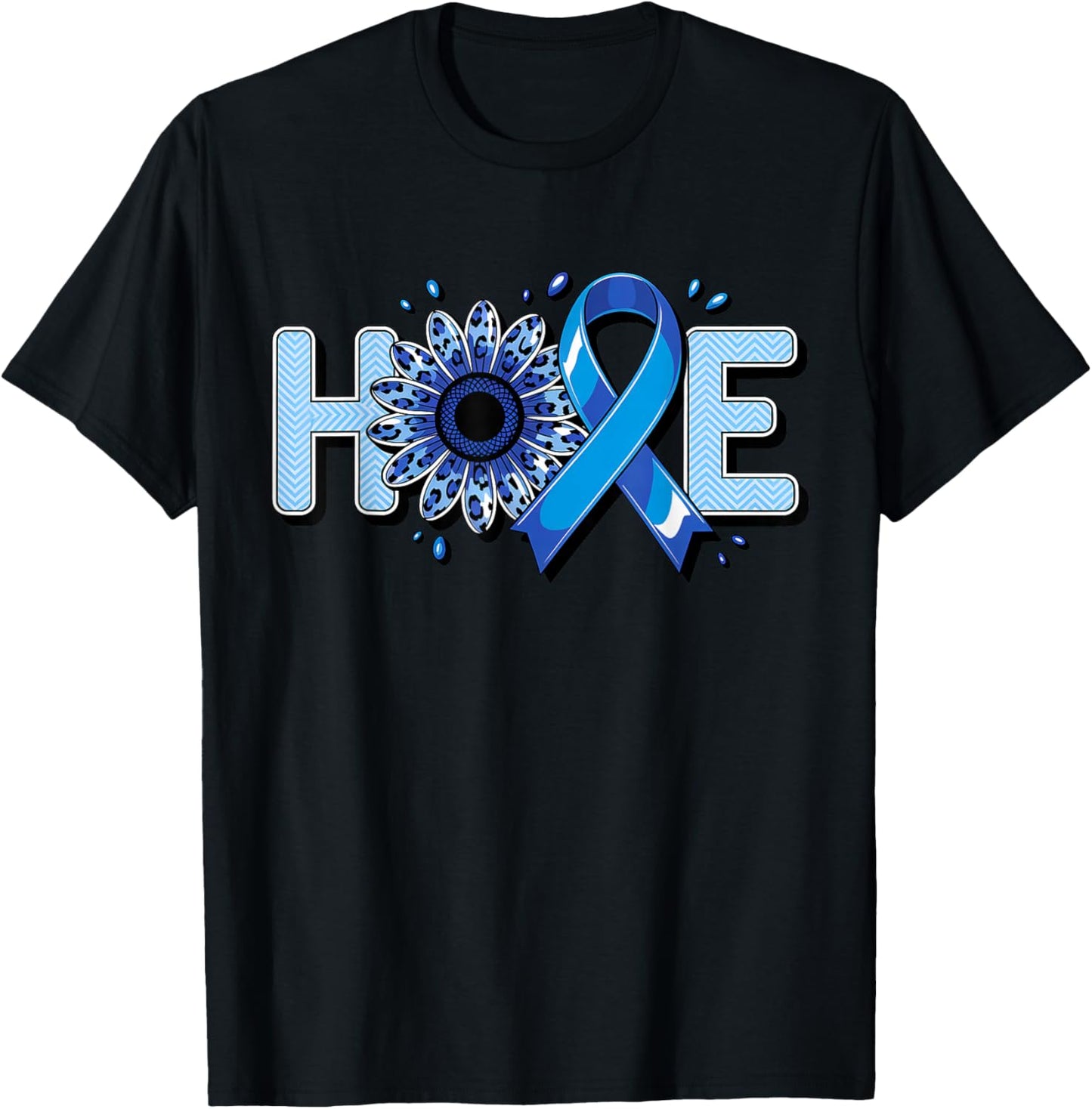 Colorectal Colon Cancer Awareness Hope Blue Ribbon Sunflower T-Shirt - T-Shirt | Black