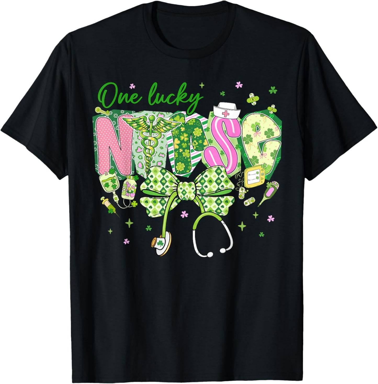 One Lucky Nurse St.Patrick's Day Coquette Bow Shamrock Women T-Shirt - T-Shirt | Black