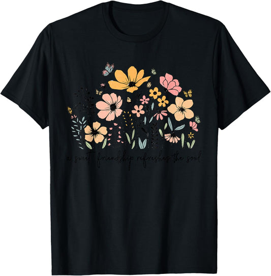 A Sweet Friendship Refreshes The Soul Retro Floral Butterfly T-Shirt - T-Shirt | Black